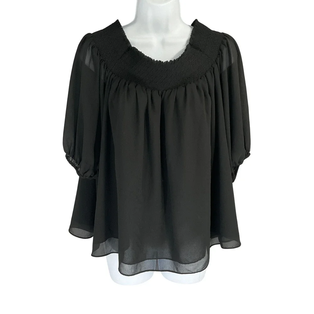 LOFT Top‎ Womens Sz M Black Smocked Neck 3/4 Sleeve Sheer Blouse Romantic Flowy